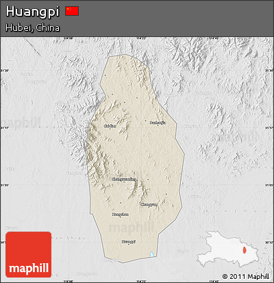 Shaded Relief Map of Huangpi, lighten, desaturated