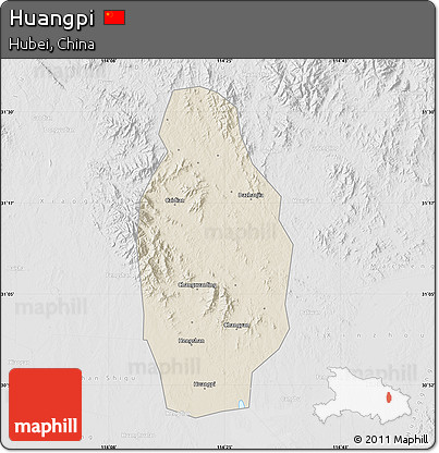 Shaded Relief Map of Huangpi, lighten, desaturated