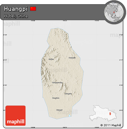 Shaded Relief Map of Huangpi, single color outside