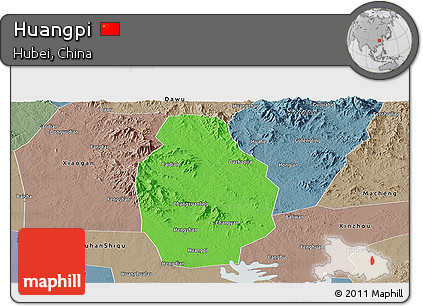 Political Panoramic Map of Huangpi, semi-desaturated