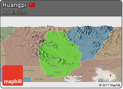 Political Panoramic Map of Huangpi, semi-desaturated