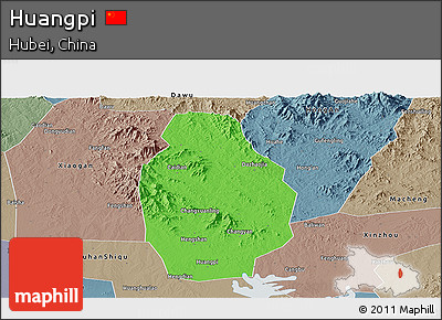 Political Panoramic Map of Huangpi, semi-desaturated