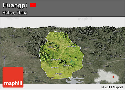 Satellite Panoramic Map of Huangpi, darken, semi-desaturated