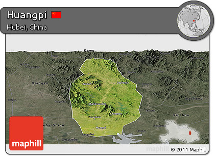 Satellite Panoramic Map of Huangpi, darken, semi-desaturated
