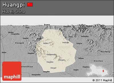 Shaded Relief Panoramic Map of Huangpi, darken, desaturated