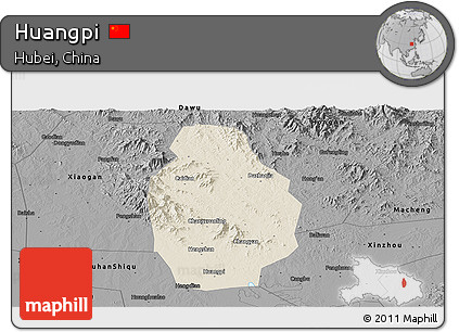 Shaded Relief Panoramic Map of Huangpi, darken, desaturated