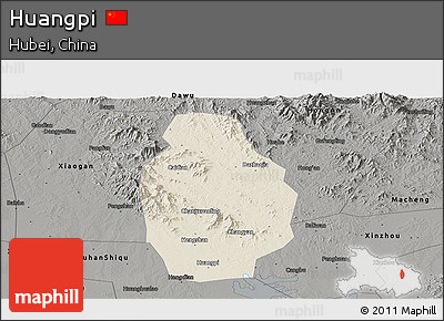 Shaded Relief Panoramic Map of Huangpi, darken, semi-desaturated