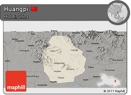 Shaded Relief Panoramic Map of Huangpi, darken, semi-desaturated
