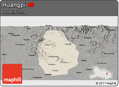Shaded Relief Panoramic Map of Huangpi, darken, semi-desaturated