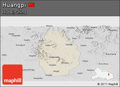 Shaded Relief Panoramic Map of Huangpi, desaturated