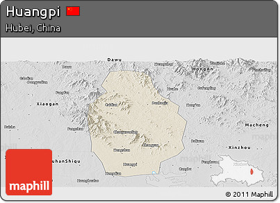 Shaded Relief Panoramic Map of Huangpi, desaturated