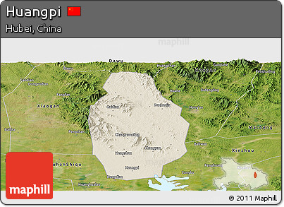 Shaded Relief Panoramic Map of Huangpi, satellite outside