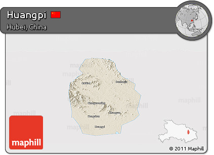 Shaded Relief Panoramic Map of Huangpi, single color outside