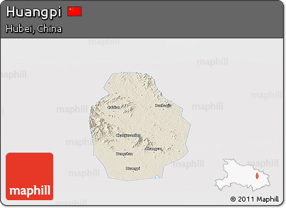Shaded Relief Panoramic Map of Huangpi, single color outside