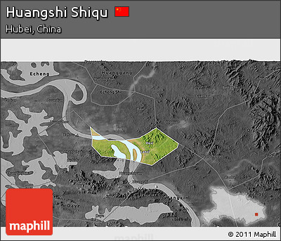Satellite 3D Map of Huangshi Shiqu, darken, desaturated
