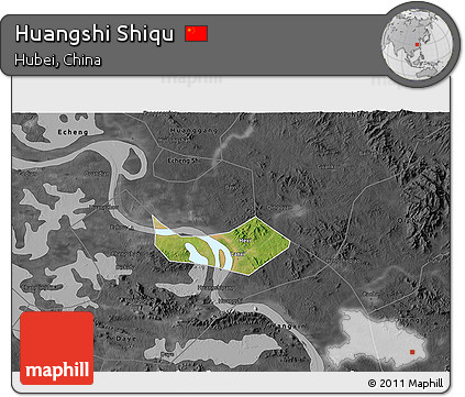 Satellite 3D Map of Huangshi Shiqu, darken, desaturated