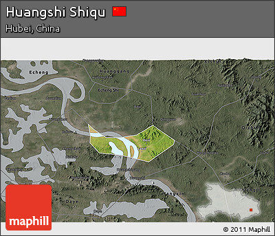 Satellite 3D Map of Huangshi Shiqu, darken, semi-desaturated