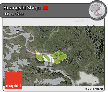 Satellite 3D Map of Huangshi Shiqu, darken, semi-desaturated