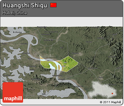 Satellite 3D Map of Huangshi Shiqu, darken, semi-desaturated