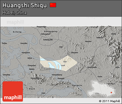 Shaded Relief 3D Map of Huangshi Shiqu, darken, semi-desaturated