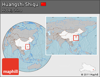Gray Location Map of Huangshi Shiqu, highlighted country, within the entire country, hill shading