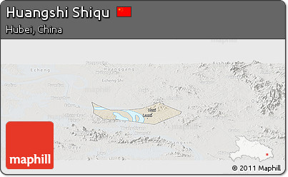 Shaded Relief Panoramic Map of Huangshi Shiqu, lighten, semi-desaturated