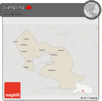 Shaded Relief 3D Map of Jiangling, lighten, semi-desaturated
