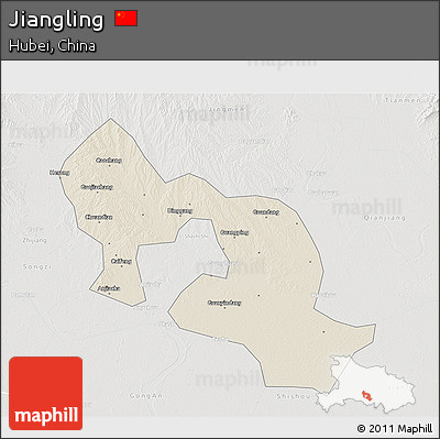 Shaded Relief 3D Map of Jiangling, lighten, semi-desaturated