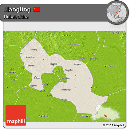 Shaded Relief 3D Map of Jiangling, physical outside