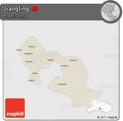 Shaded Relief 3D Map of Jiangling, single color outside