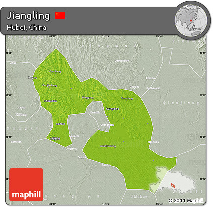 Physical Map of Jiangling, lighten, semi-desaturated