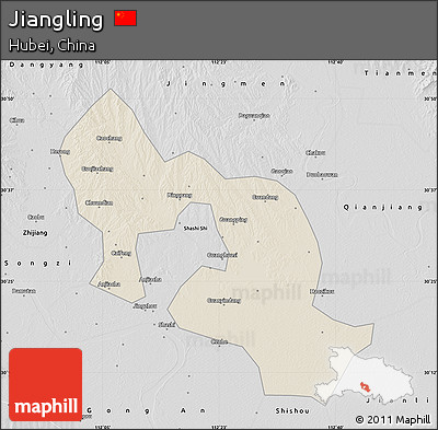 Shaded Relief Map of Jiangling, desaturated