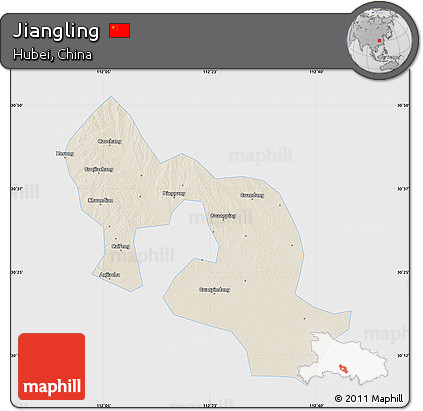 Shaded Relief Map of Jiangling, single color outside