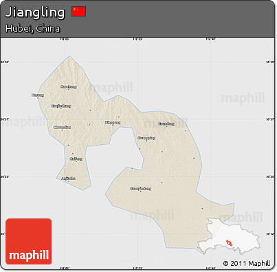 Shaded Relief Map of Jiangling, single color outside