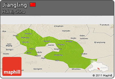 Physical Panoramic Map of Jiangling, shaded relief outside