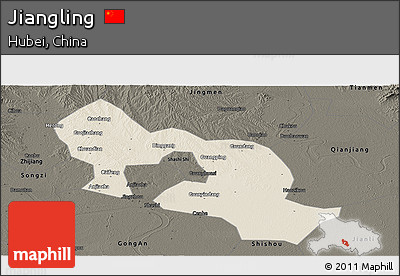 Shaded Relief Panoramic Map of Jiangling, darken