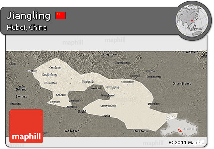 Shaded Relief Panoramic Map of Jiangling, darken