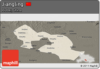 Shaded Relief Panoramic Map of Jiangling, darken