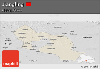Shaded Relief Panoramic Map of Jiangling, desaturated