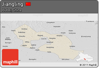 Shaded Relief Panoramic Map of Jiangling, desaturated