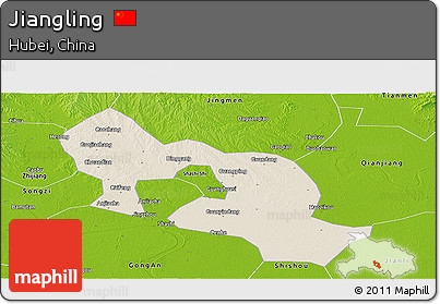 Shaded Relief Panoramic Map of Jiangling, physical outside