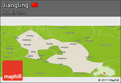 Shaded Relief Panoramic Map of Jiangling, physical outside