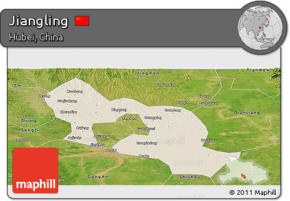 Shaded Relief Panoramic Map of Jiangling, satellite outside