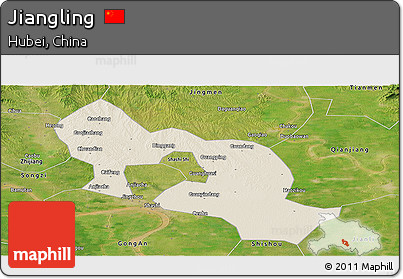 Shaded Relief Panoramic Map of Jiangling, satellite outside