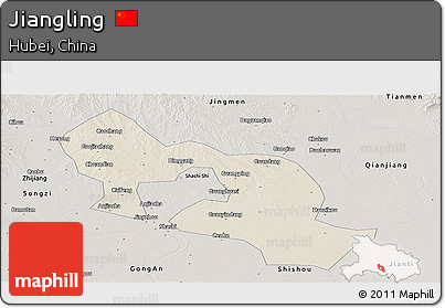 Shaded Relief Panoramic Map of Jiangling, semi-desaturated