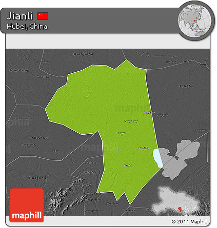 Physical 3D Map of Jianli, darken, desaturated