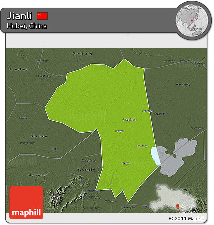 Physical 3D Map of Jianli, darken, semi-desaturated