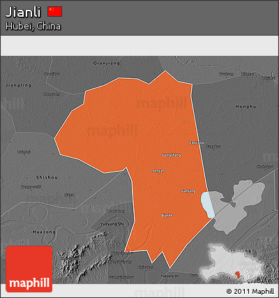 Political 3D Map of Jianli, darken, desaturated