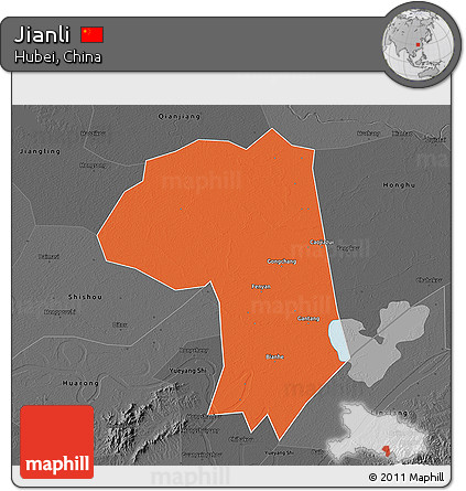 Political 3D Map of Jianli, darken, desaturated