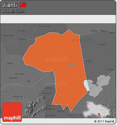 Political 3D Map of Jianli, darken, desaturated